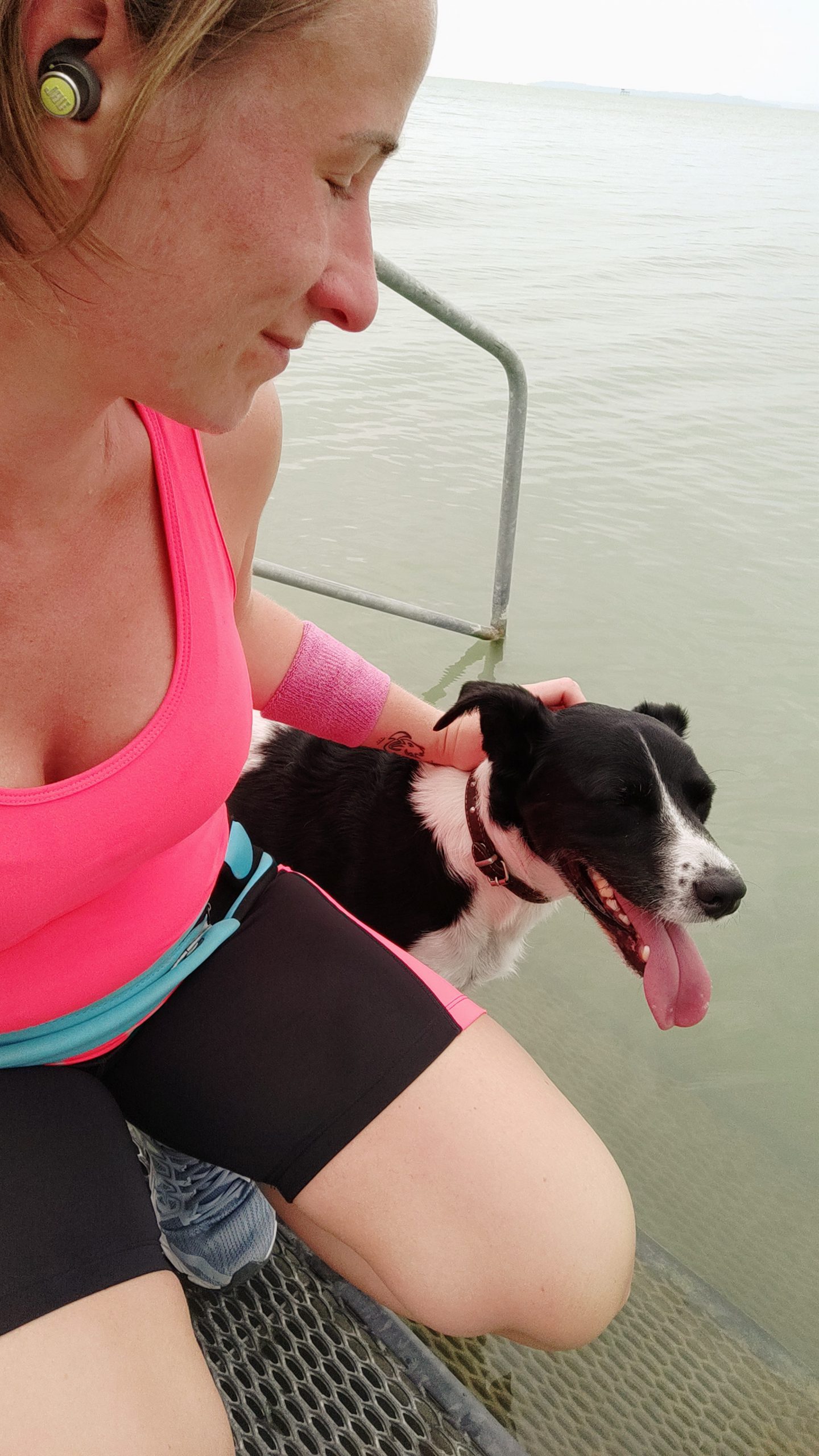 LucaKutya és a gazdája a Balatonba vezető lépcsőn állnak. Luca hűsöl a Balatonban futás közben.